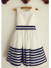 Ivory Taffeta Navy Blue Stripes Flower Girl Dress
